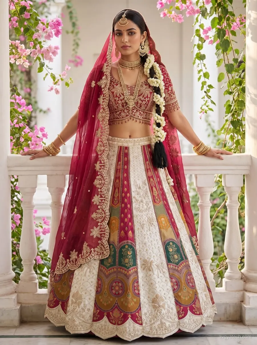 AI model wearing the Panelled Bridal Lehenga — generated from the mannequin photo