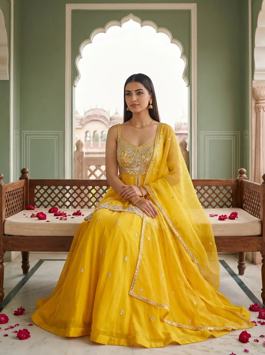 AI model wearing the Haldi Yellow Sharara — generated from the mannequin photo