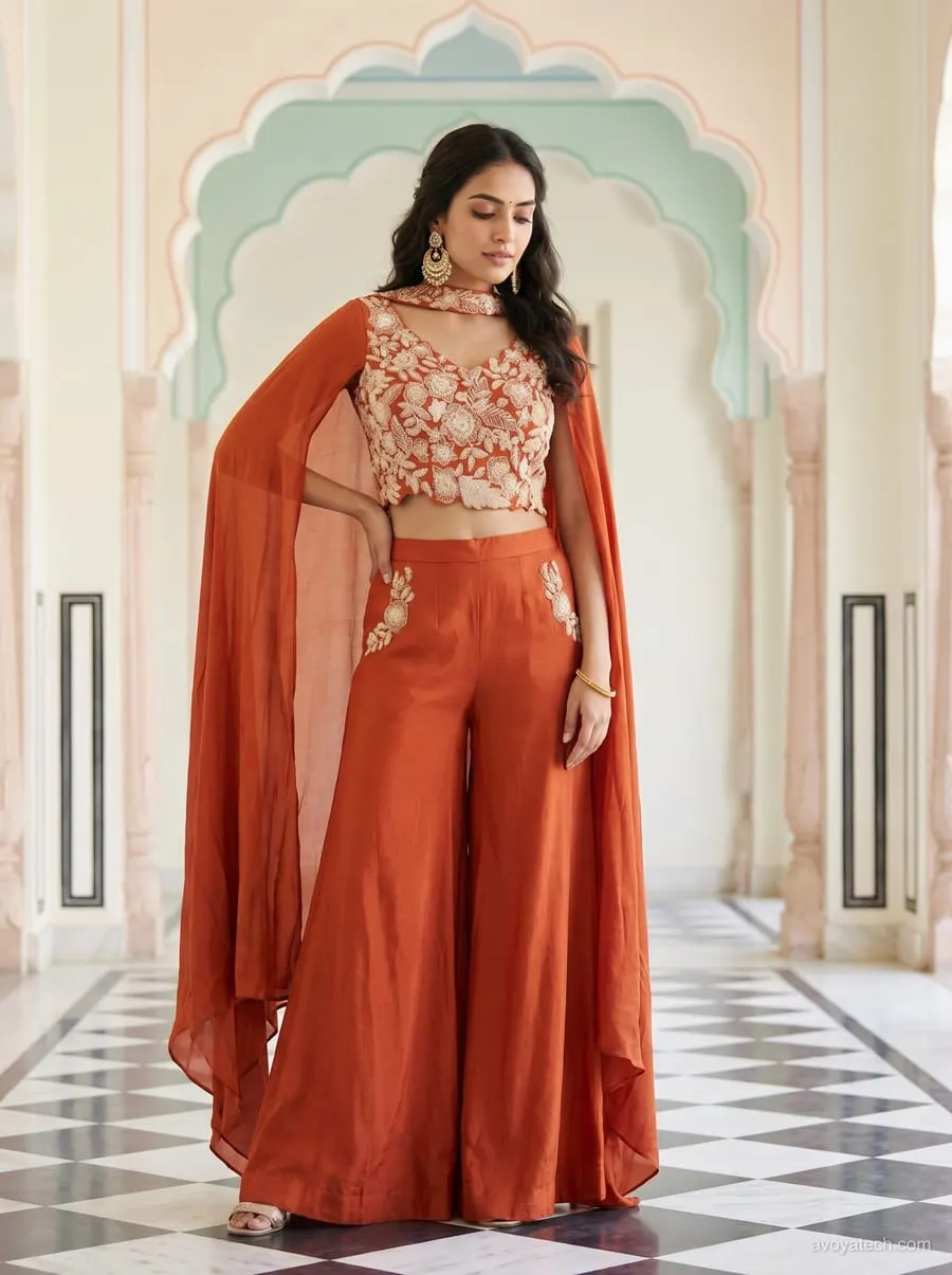 AI model wearing the Rust Cape Set — generated from the mannequin photo